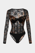 Şeffaf Dantel Korseli Uzun Kollu Bodysuit