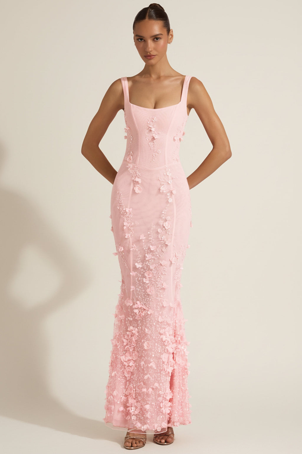 Oh Polly model Anna wearing the Vasanta Gown Length Dress in Pink Embellished fabric perfect for summer weddings