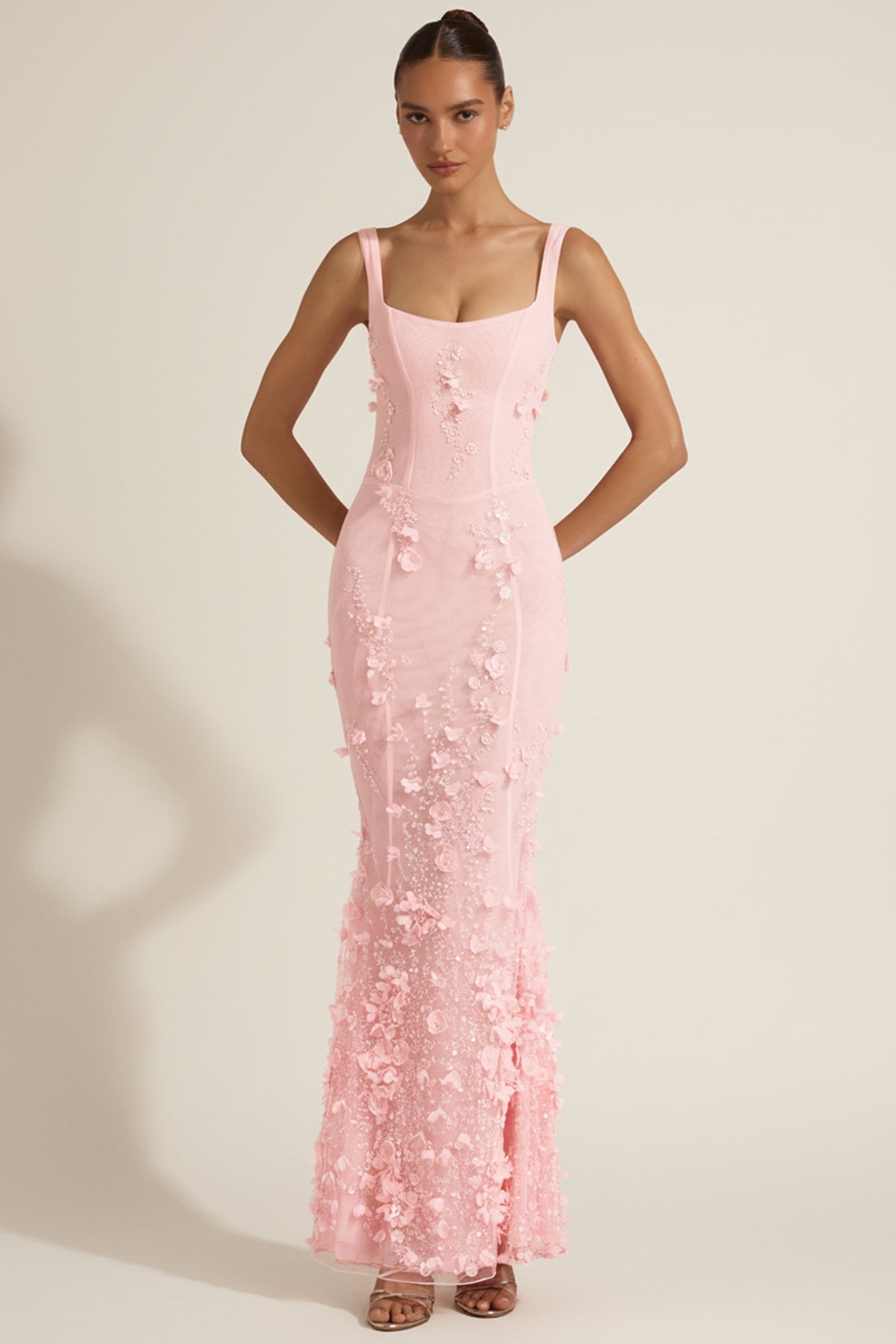 Oh Polly model Anna wearing the Vasanta Gown Length Dress in Pink Embellished fabric perfect for summer weddings