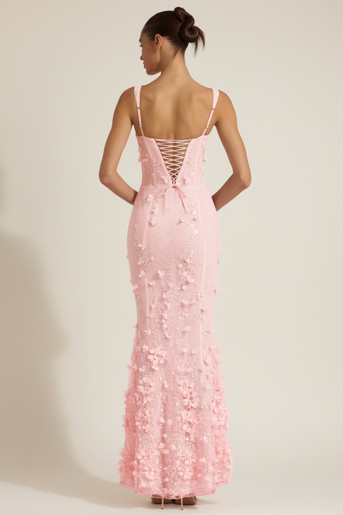 Oh Polly model Anna wearing the Vasanta Gown Length Dress in Pink Embellished fabric perfect for prom night