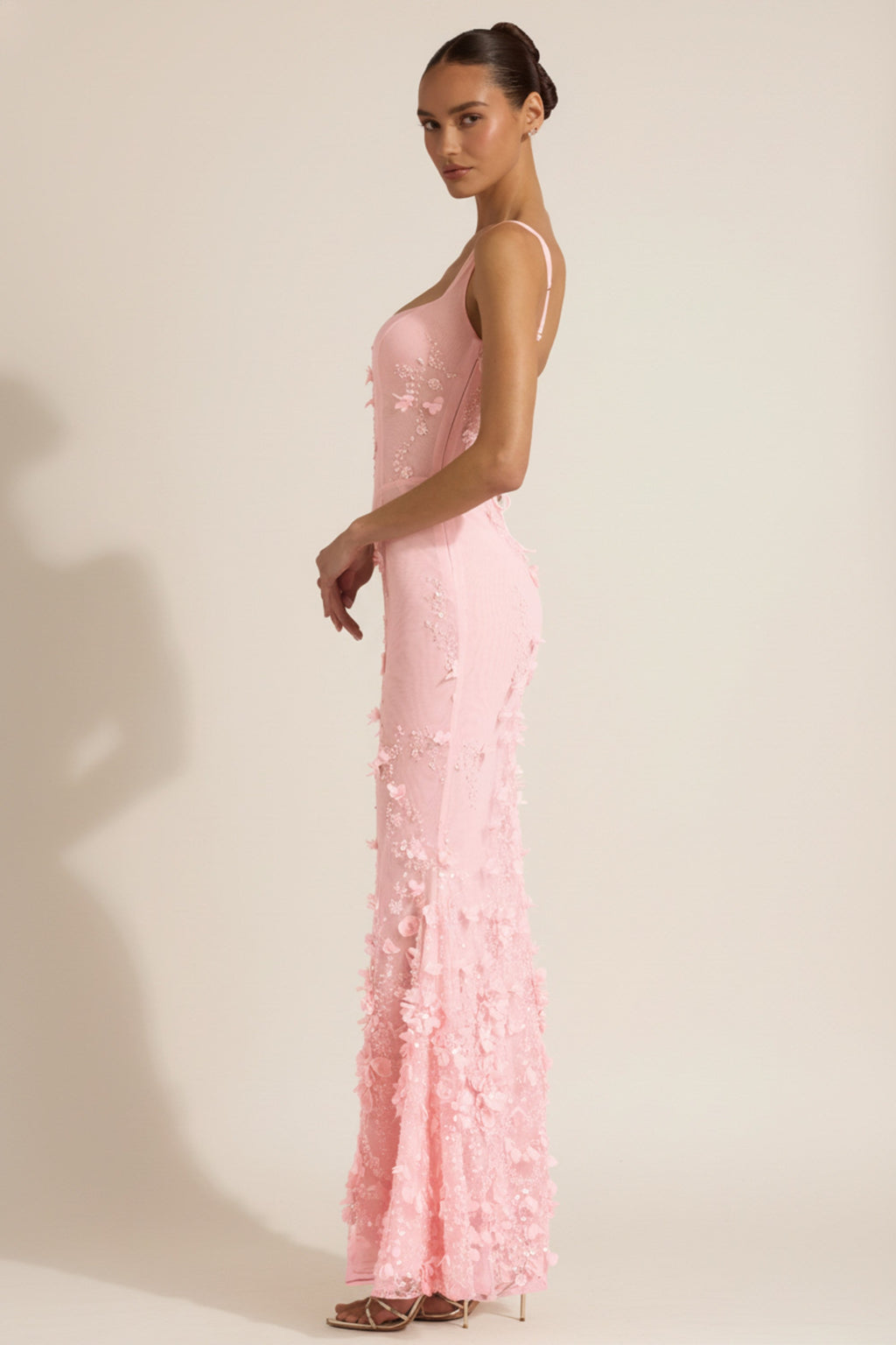 Oh Polly model Anna wearing the Vasanta Gown Length Dress in Pink Embellished fabric perfect for formal galas