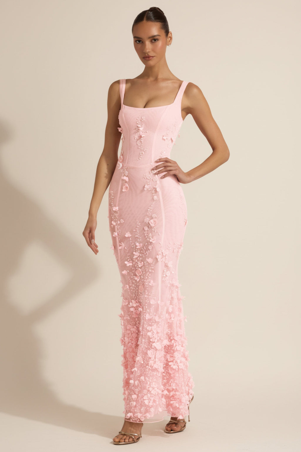 Oh Polly model Anna wearing the Vasanta Gown Length Dress in Pink Embellished fabric perfect for evening parties