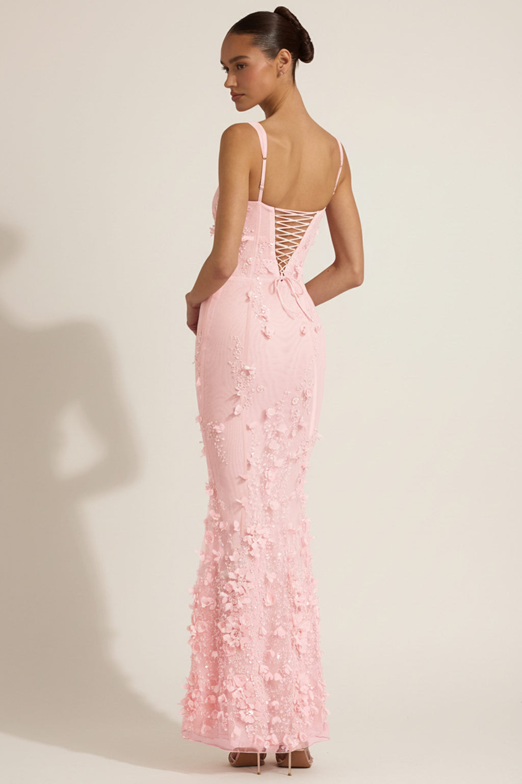Oh Polly model Anna wearing the Vasanta Gown Length Dress in Pink Embellished fabric perfect for cocktail receptions