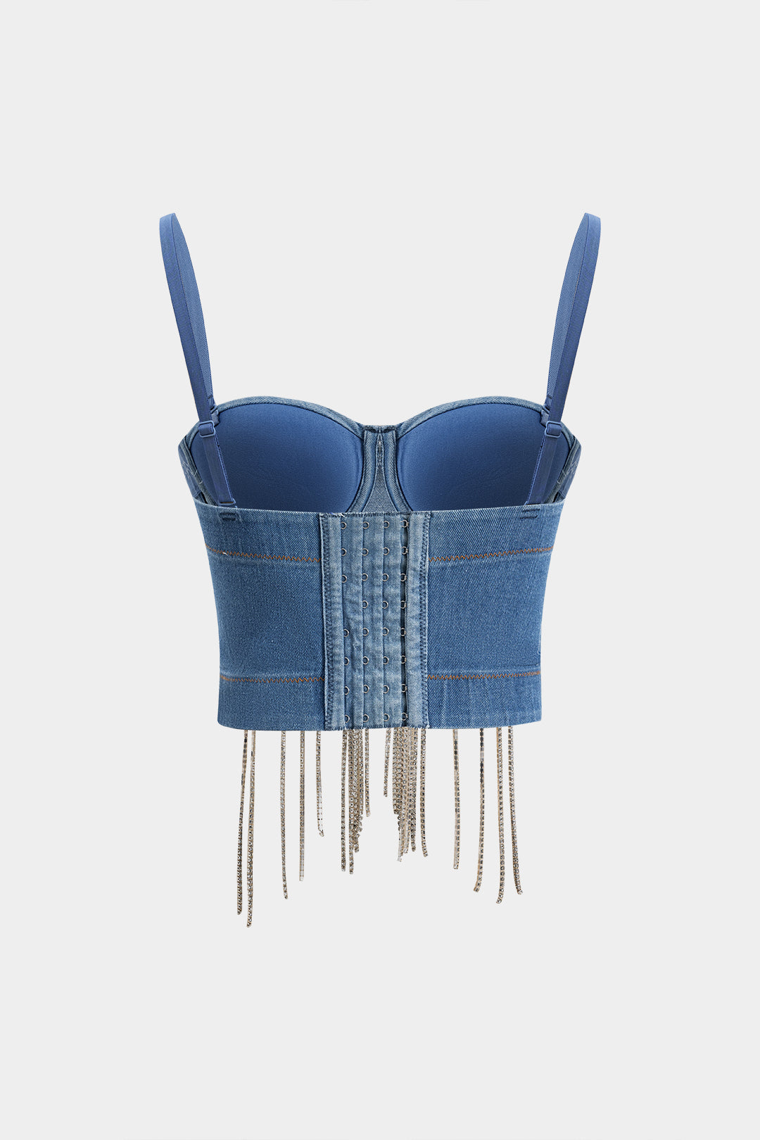 Denim Straz Taşlı Fringeli Büstiyer Sırt Dekolteli Askılı Üst