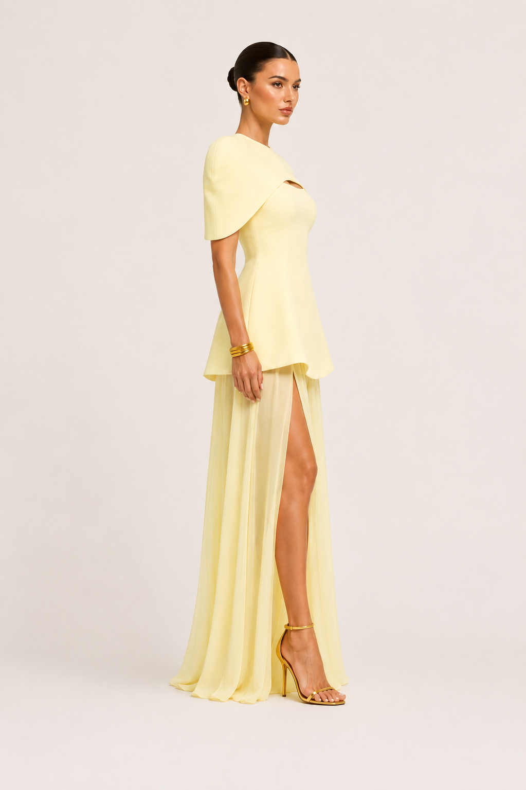 Buttercream yellow 3-piece convertible formal dress set featuring structured cape, tailored mini dress, detachable maxi overlay skirt, elegant wedding guest dress and bridesmaid gown for special occasions.