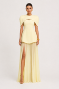 Buttercream yellow 3-piece convertible formal dress set featuring structured cape, tailored mini dress, detachable maxi overlay skirt, elegant wedding guest dress and bridesmaid gown for special occasions.