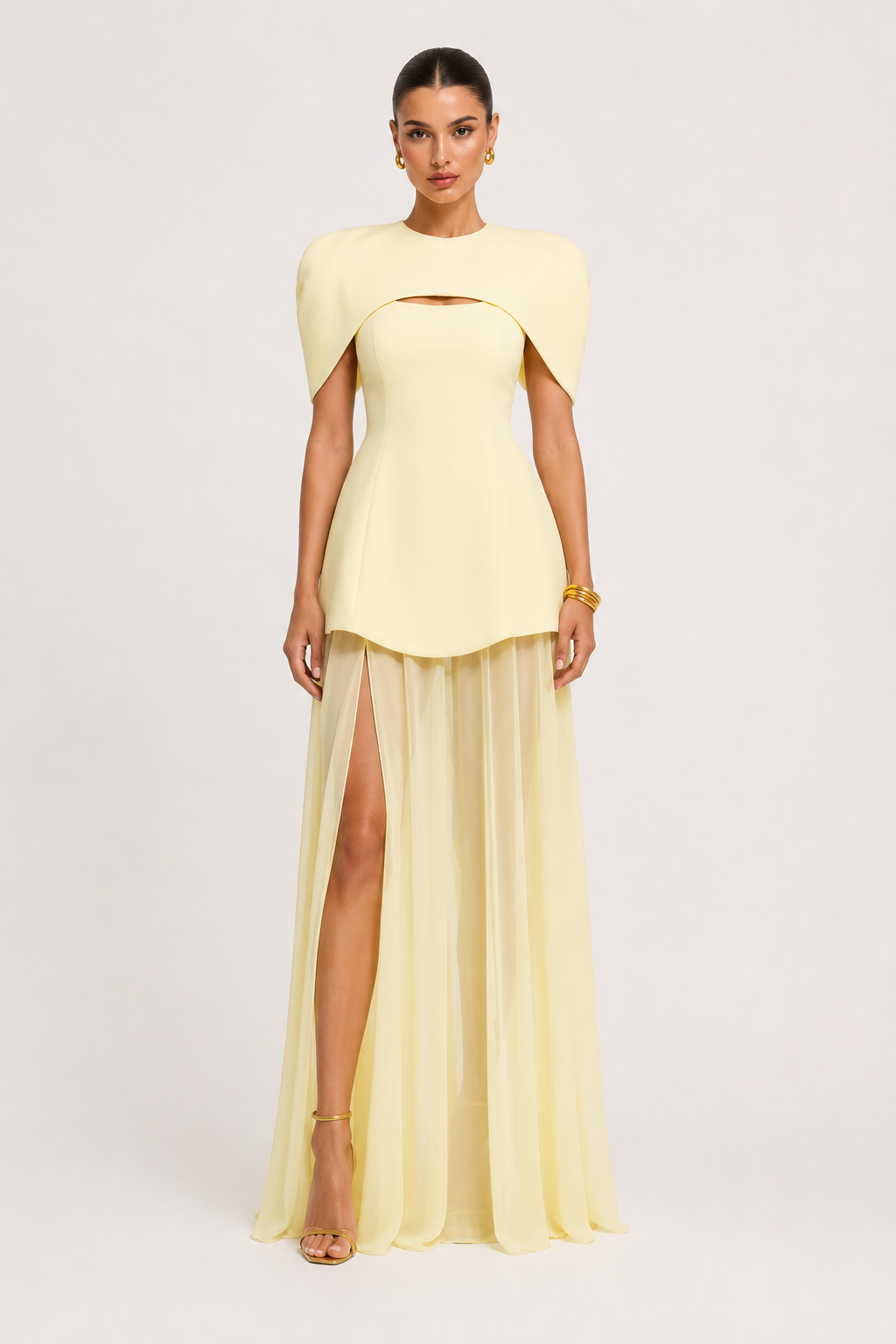 Buttercream yellow 3-piece convertible formal dress set featuring structured cape, tailored mini dress, detachable maxi overlay skirt, elegant wedding guest dress and bridesmaid gown for special occasions.