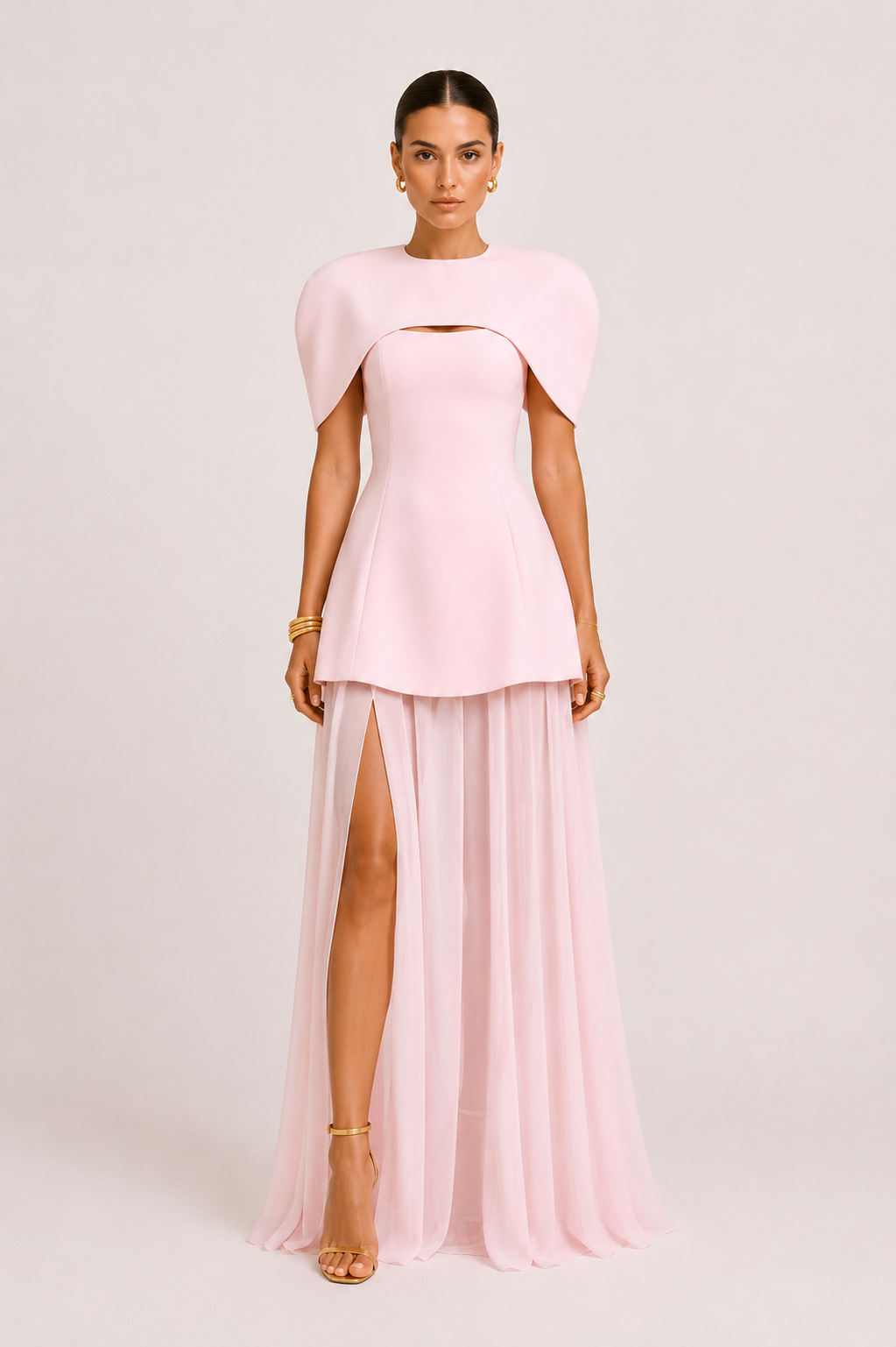 Vivienne blush pink convertible 3-piece dress set with structured mini dress, detachable chiffon maxi skirt and statement cape, ideal for wedding guests, bridesmaids, bridal events and formal occasions