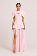 Vivienne blush pink convertible 3-piece dress set with structured mini dress, detachable chiffon maxi skirt and statement cape, ideal for wedding guests, bridesmaids, bridal events and formal occasions