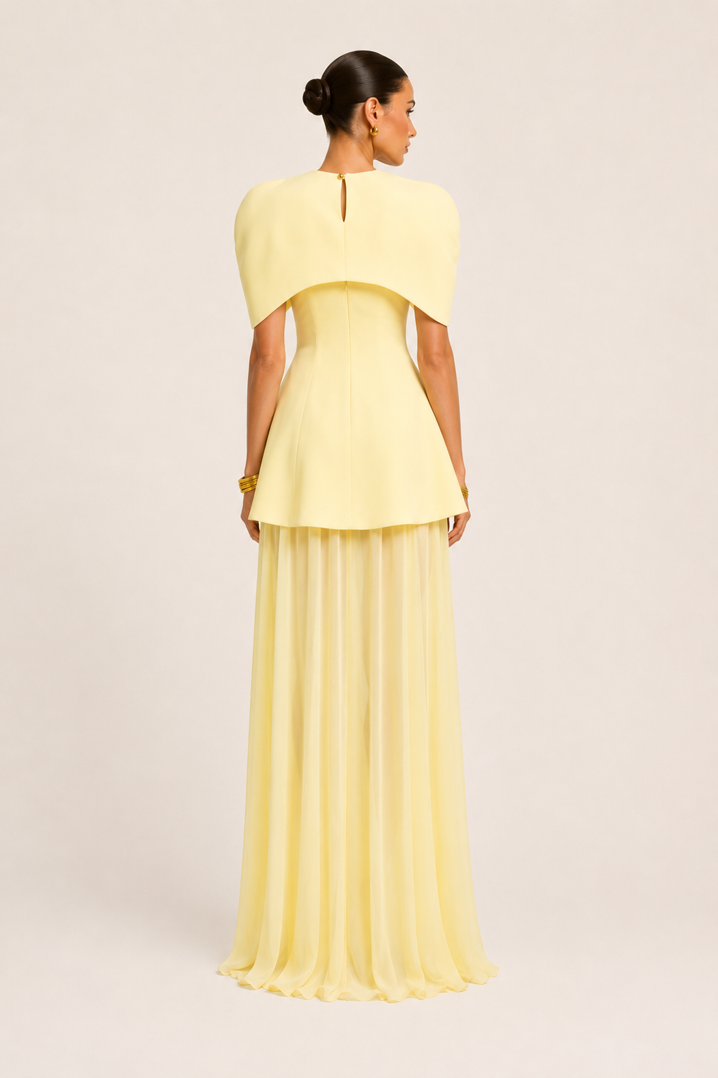 Buttercream yellow 3-piece convertible formal dress set featuring structured cape, tailored mini dress, detachable maxi overlay skirt, elegant wedding guest dress and bridesmaid gown for special occasions.