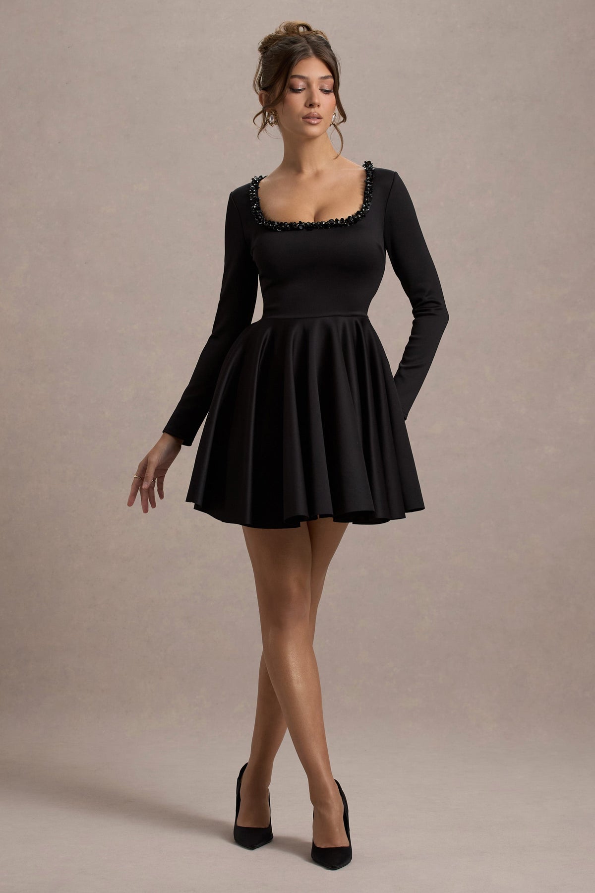 Wilder | Black Embellished Square-Neck Long-Sleeve Skater Mini Dress - Club L London - USA
