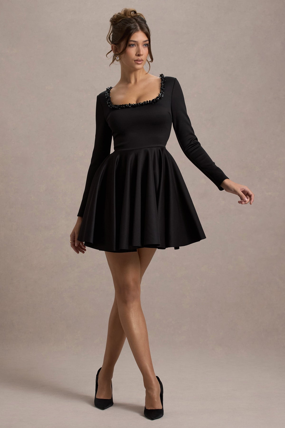 Wilder | Black Embellished Square-Neck Long-Sleeve Skater Mini Dress - Club L London - USA