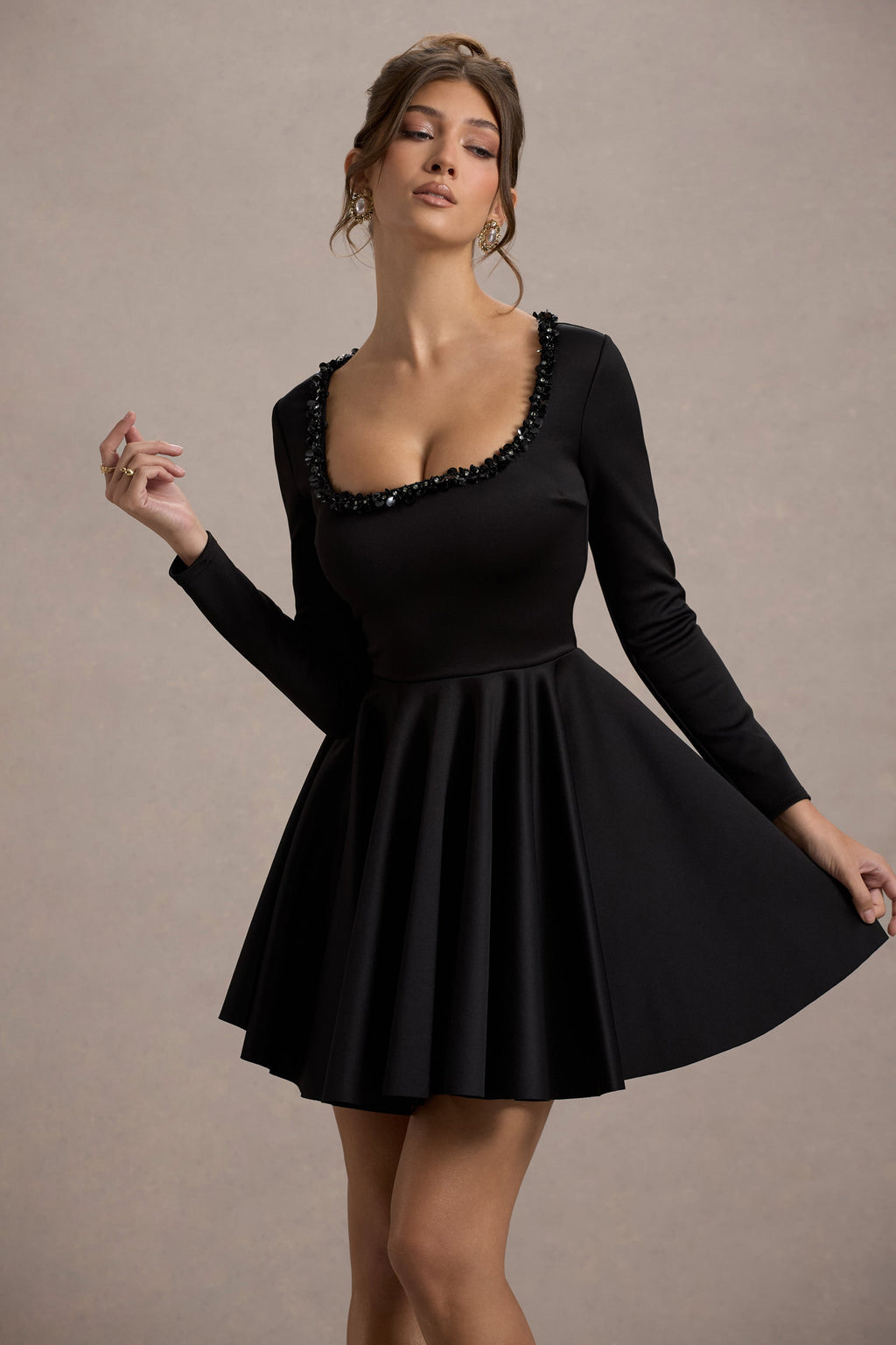 Wilder | Black Embellished Square-Neck Long-Sleeve Skater Mini Dress - Club L London - USA