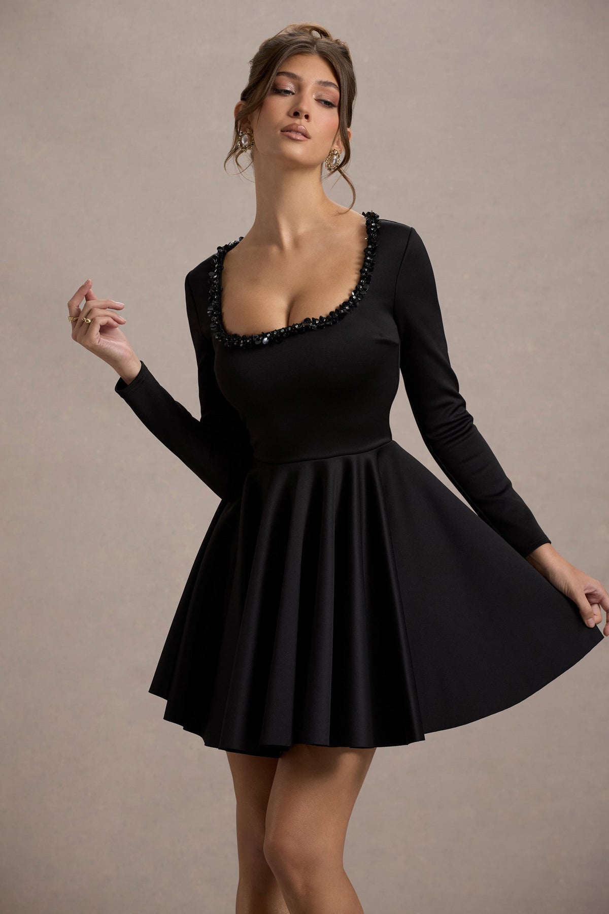 Wilder | Black Embellished Square-Neck Long-Sleeve Skater Mini Dress - Club L London - USA