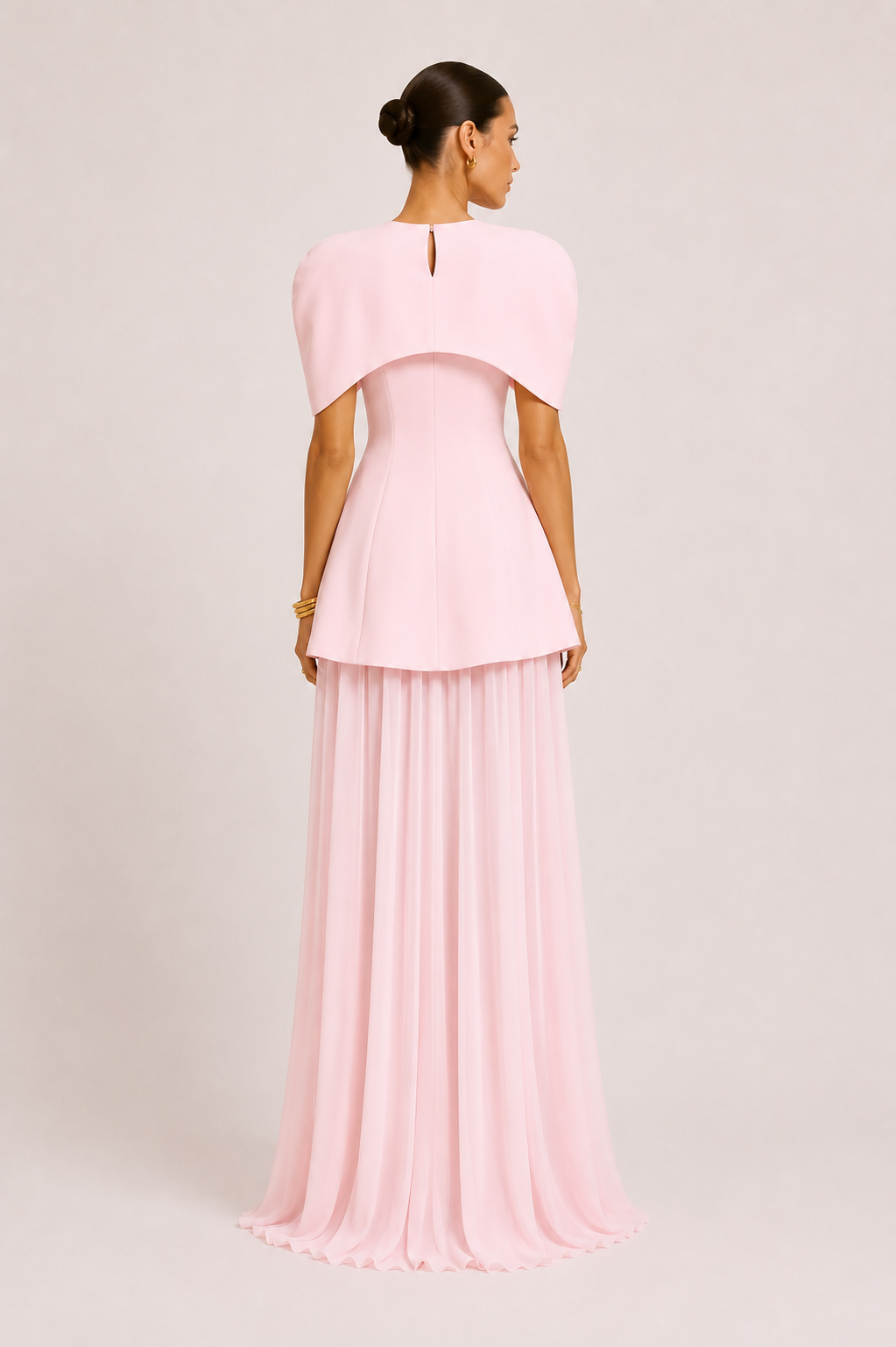 Vivienne blush pink convertible 3-piece dress set with structured mini dress, detachable chiffon maxi skirt and statement cape, ideal for wedding guests, bridesmaids, bridal events and formal occasions