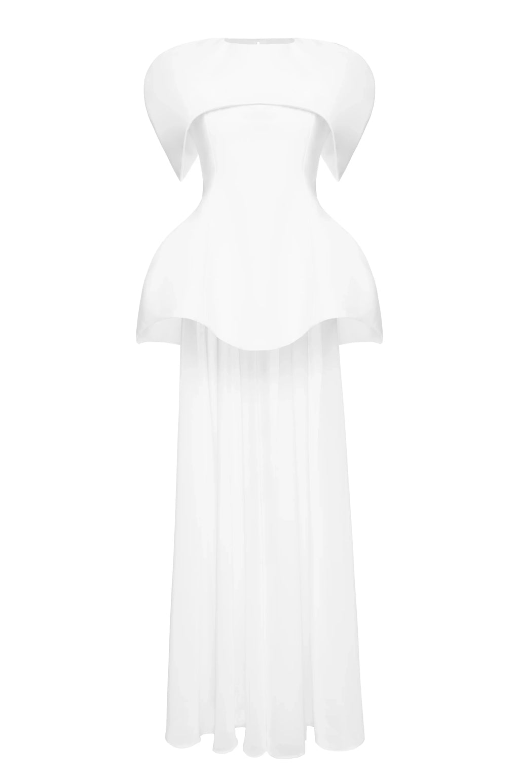 White strapless dress with sheer overlay on a white background