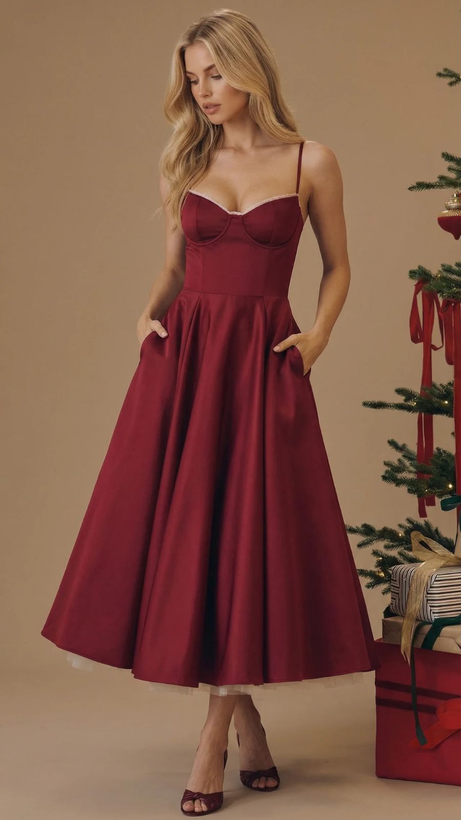 Selene Sweetheart Midi Dress - Burgundy