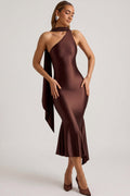 Oh Polly's Priscilla wearing the Shaya Midaxi Dress in Chocolate Brown Satin Jersey fabric perfect for elegant dinner dates