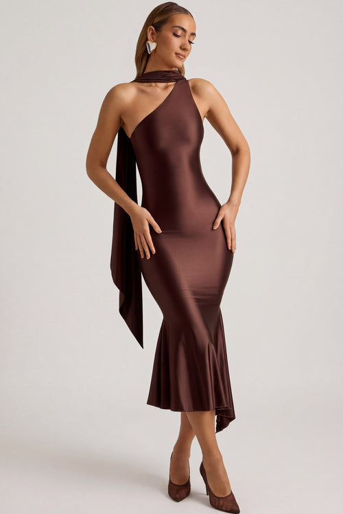 Oh Polly's Priscilla wearing the Shaya Midaxi Dress in Chocolate Brown Satin Jersey fabric perfect for elegant dinner dates