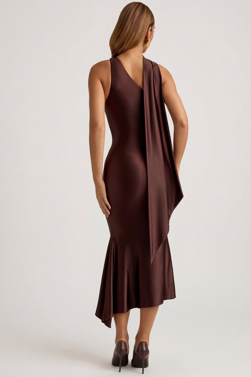 Oh Polly's Priscilla wearing the Shaya Midaxi Dress in Chocolate Brown Satin Jersey fabric perfect for cocktail party nights