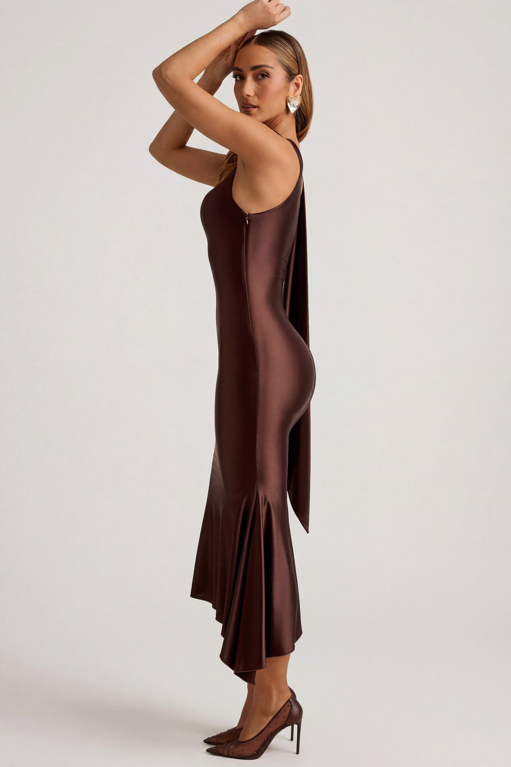 Oh Polly's Priscilla wearing the Shaya Midaxi Dress in Chocolate Brown Satin Jersey fabric perfect for wedding guest style
