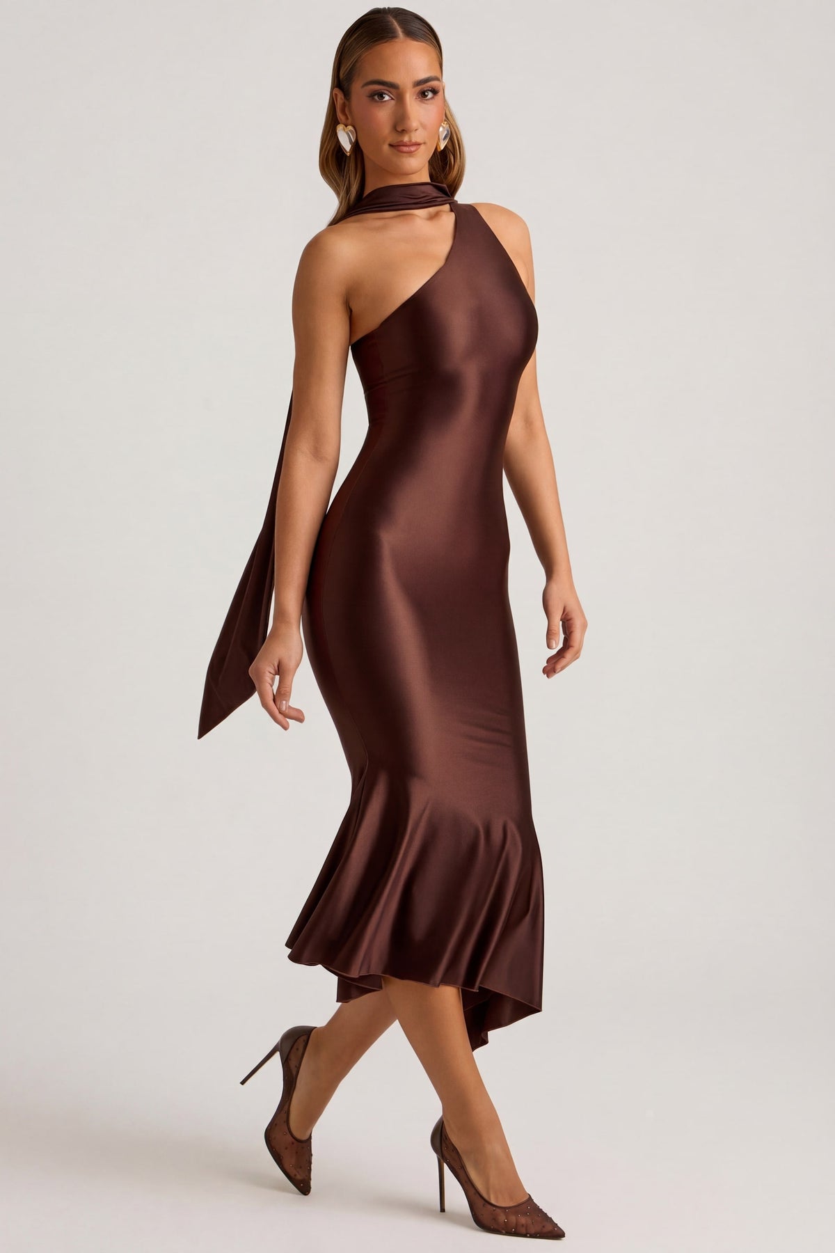 Oh Polly's Priscilla wearing the Shaya Midaxi Dress in Chocolate Brown Satin Jersey fabric perfect for chic rooftop gatherings